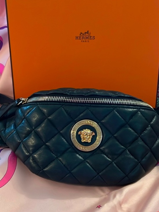 Versace Handbags - Versace Quilted Leather Crossbody Belt Bag in Dark Teal with Medusa Emblem